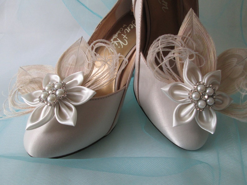 Ivory Peacock Wedding Shoe Clips Champagne Cream Feather Etsy