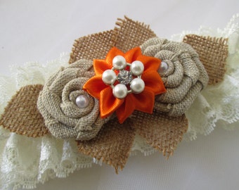 Burlap & Lace Wedding Garter Set, Burnt Orange Fall Bridal Garter, Rustic Burlap Garters, Lace Burlap Garters, Country- Rustic Bride