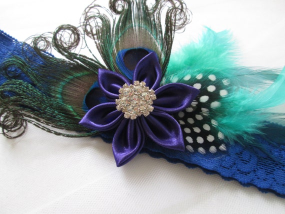 Ultra Violet Peacock Feather Bridal Garter Royal Blue Lace | Etsy
