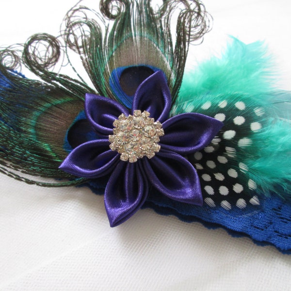 Ultra Violet Peacock Feather Bridal Garter, Royal Blue Lace Wedding Garter, Kanzashi Flower, Something Blue Garter, Blue- Purple Prom Garter
