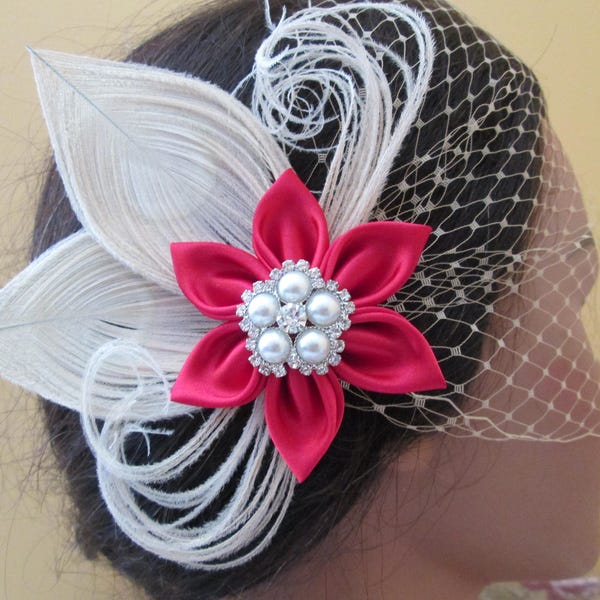 Red Wedding Hair Clip, Bridal Head Piece, Birdcage Veil, Valentine Wedding, Bridesmaid, Prom or Homecoming, Peacock Fascinator,