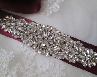 Marsala Bridal Sash, Burgundy Sash Belt, Crystal & Pearl Wedding Belt, Rhinestone- Diamond Sash, Cranberry Sash, Wine Red Maternity Sash