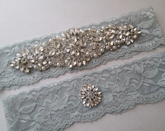 Dusty Blue Wedding Garter Set, Something Blue Lace Garters, Rhinestone, Powder Blue Lace Bride's Garter, Antique Blue Garters, Prom Garter