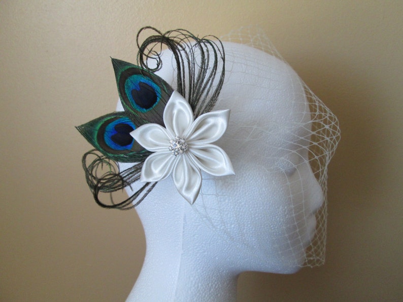 Peacock Bridal Hair Fascinator, Ivory Wedding Kanzashi Hair Flower w/ optional Birdcage Veil, Head Piece, Country Bride, Rustic Wedding, image 2