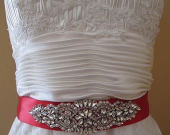 Red Christmas Bridal Sash, Red Holiday Bling Sash Belt, Red Wedding Dress Belt, Crystal & Pearl Bridal Belt, Rhinestone- Diamond Sash