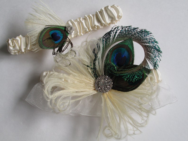 Peacock Wedding Garter Set, Ivory Sheer Bridal Garters w/ Rhinestone Crystal, Vintage 20s, Art Deco, Fairy Fantasy Wedding image 2