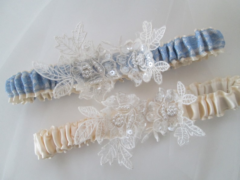 Vintage Style Garter w Pearls Ivory Rose Lace Garter Bridal Blue Garter Something Blue WEDDING Garter Set
