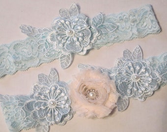 Powder Blue & Blush Wedding Garter Set, Something Blue Lace Garters, Rhinestone, Light Blue Lace Bride's Garter w/ Blush, Blue Prom Garters