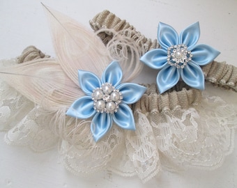 Burlap & Lace Wedding Garter Set, Something Blue Garters, Ivory Peacock Garters, Rustic Bridal Garter with Light Blue Flowers, Country Bride