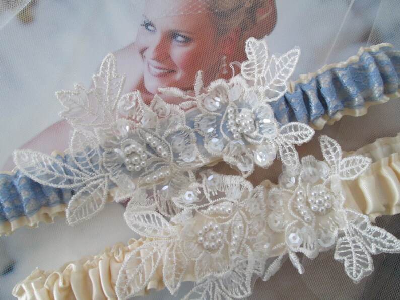 Vintage Style Garter w Pearls Ivory Rose Lace Garter Bridal Blue Garter Something Blue WEDDING Garter Set