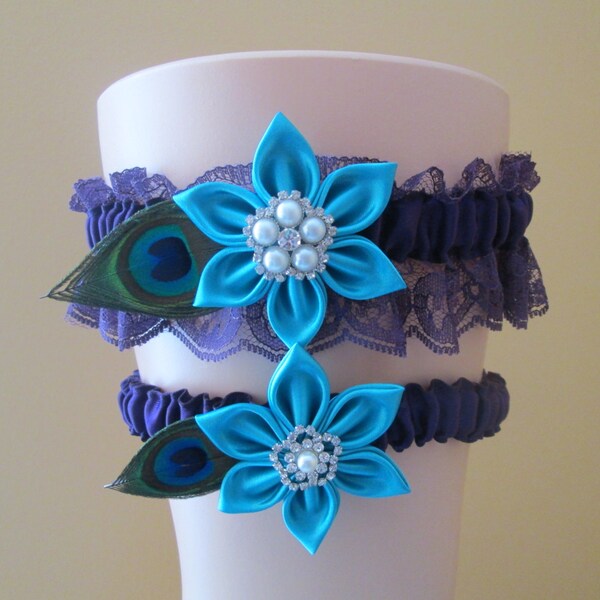 Ultra Violet & Turquoise Wedding Garter Set, Peacock Garter, Purple Plum Lace Bridal Garter withTeal Kanzashi Flower, Something Blue