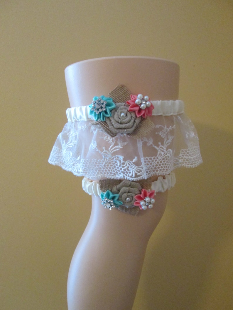 Rustic Garter Something Blue Teal and Coral Garters Country Bride Coral /& Aqua Blue Wedding Garter Set Ivory Lace Garter