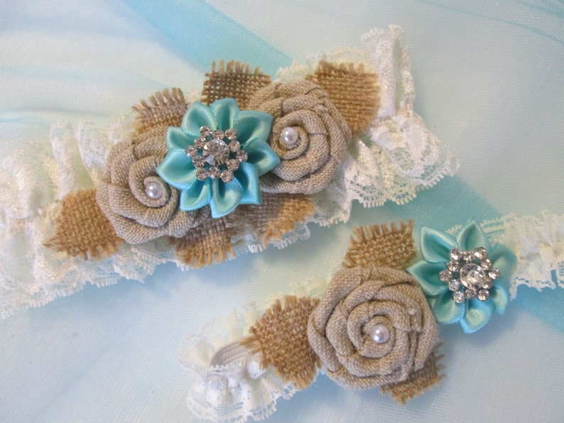 Aqua Blue Wedding Garter Set Burlap Rustic Garter Vintage Style Shabby Ivory Lace Garter Country Light Teal Turquoise Garters