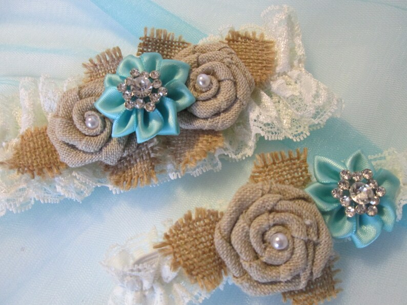 Aqua Blue Wedding Garter Set Burlap Rustic Garter Vintage Style Shabby Ivory Lace Garter Country Light Teal Turquoise Garters
