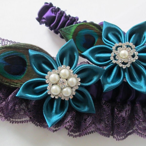 Teal & Ultra Violet Purple Wedding Garter Set, Regency Purple Peacock Garter, Plum Purple Lace Bridal Garter, Oasis Teal Flower