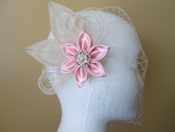 Rosewater Pink-Rustic Bridal Hair Clip with Birdcage Veil Pink /& Gray Silver Peacock Bridal Hair Flower Blush Pink Wedding Fascinator Clip
