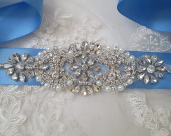 Cornflower Blue Bridal Sash, Crystal & Pearl Powder Blue Wedding Belt, Pearl- Rhinestone- Diamond Sash, Something Blue, Maternity Sash