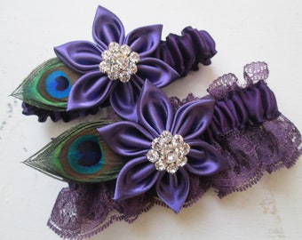 Ultra Violet Purple Wedding Garter Set, Peacock Garters, Plum Purple Lace Garters, Eggplant Purple Bridal Garter, Rustic Garters