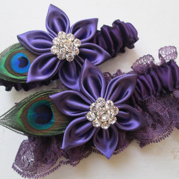 Ultra Violet Purple Wedding Garter Set, Peacock Garters, Plum Purple Lace Garters, Eggplant Purple Bridal Garter, Rustic Garters