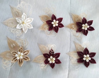 Bridal Hair Accessories, 6 Rustic Wedding Hair Pieces, Customize Your Colors, Kanzashi Flower & Peacock Hair Clips, Wedding Party Gifts