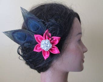 Hot Pink & Black Peacock Fascinator, Peacock Wedding Head Piece, Fuchsia and Black Hair Clip, Wedding or Prom Hair Piece, Gatsby Head Piece