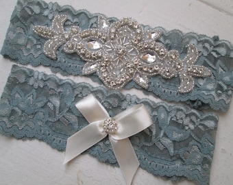 Dusty Blue Bridal Garter, Something Blue Lace Garters w/ Bling, Slate Blue Garter, Powder Blue Lace Garter, Rustic- Country Bride