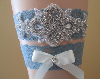 Something Blue Wedding Garter Set, Dusty Blue Bridal Garter, Powder Blue Lace Garters w/ Bling, Slate Blue Garter, Rustic- Country Bride