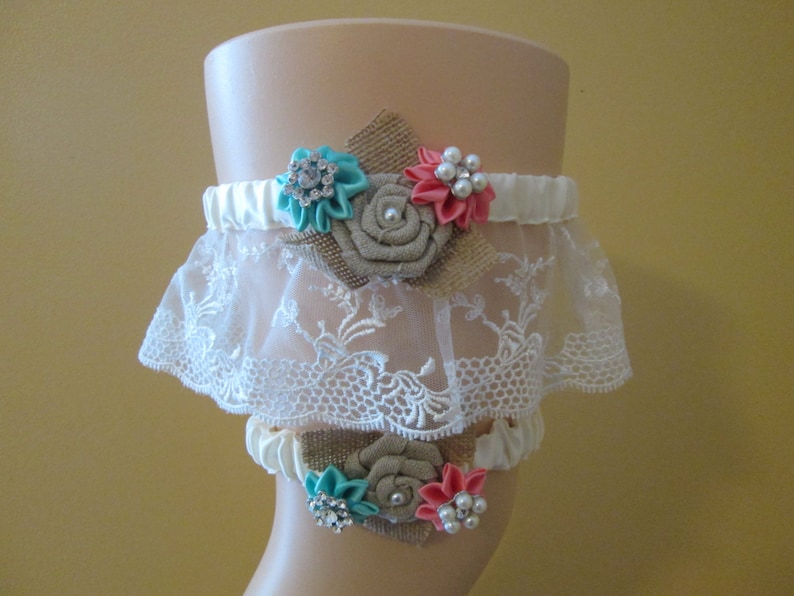 Rustic Garter Something Blue Teal and Coral Garters Country Bride Coral /& Aqua Blue Wedding Garter Set Ivory Lace Garter