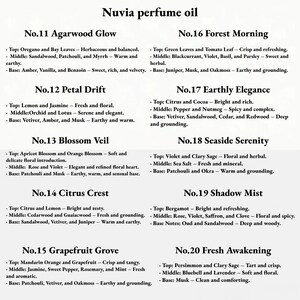 May include: A chart listing 10 different perfume oils with their names and descriptions of their scents. The scents are categorized by top, middle, and base notes. The chart is white with black text.