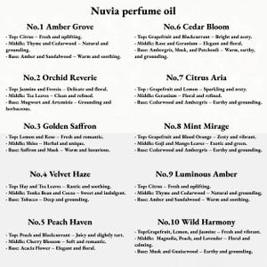 May include: A chart listing ten different perfume oils with their names, notes, and descriptions. The names include Amber Grove, Orchid Reverie, Golden Saffron, Velvet Haze, Peach Haven, Cedar Bloom, Citrus Aria, Mint Mirage, Luminous Amber, and Wild Harmony.