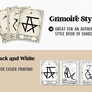 May include: Four printable cards with black and white illustrations of magical symbols. The cards have a vintage style with ornate borders and text that reads "The Self-Love Enchantment", "The Lovers Flame", and "The Sacred Union".