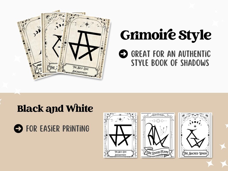 May include: Four printable cards with black and white illustrations of magical symbols. The cards have a vintage style with ornate borders and text that reads "The Self-Love Enchantment", "The Lovers Flame", and "The Sacred Union".