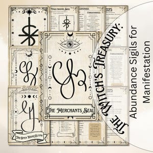 May include: A collection of sigils for abundance and manifestation. The sigils are drawn in black ink on a cream-colored background. The text "The Witch's Treasury" is written in a decorative font.