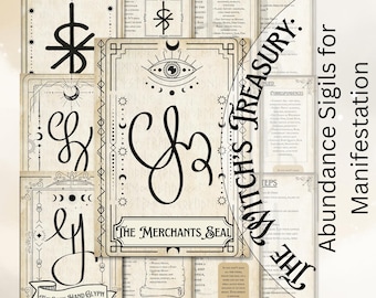 May include: A collection of sigils for abundance and manifestation. The sigils are drawn in black ink on a cream-colored background. The text "The Witch's Treasury" is written in a decorative font.