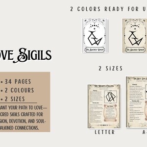 May include: A printable digital download of 34 pages of love sigils in two colors and two sizes. The sigils are designed to enchant your path to love, with a focus on passion, devotion, and soul-aligned connections. The text "LOVE SIGILS" is featured in a decorative font.