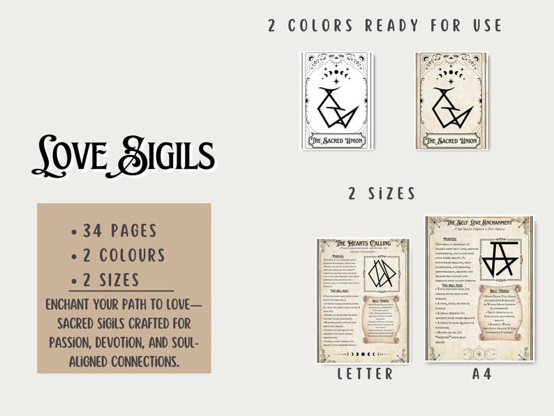May include: A printable digital download of 34 pages of love sigils in two colors and two sizes. The sigils are designed to enchant your path to love, with a focus on passion, devotion, and soul-aligned connections. The text "LOVE SIGILS" is featured in a decorative font.