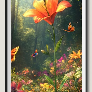 May include: A large orange lily flower with a long stem stands tall in a lush green forest setting.  The flower is surrounded by a variety of smaller flowers in shades of pink, purple, and yellow.  Three butterflies are flying around the lily, adding to the magical atmosphere of the scene.