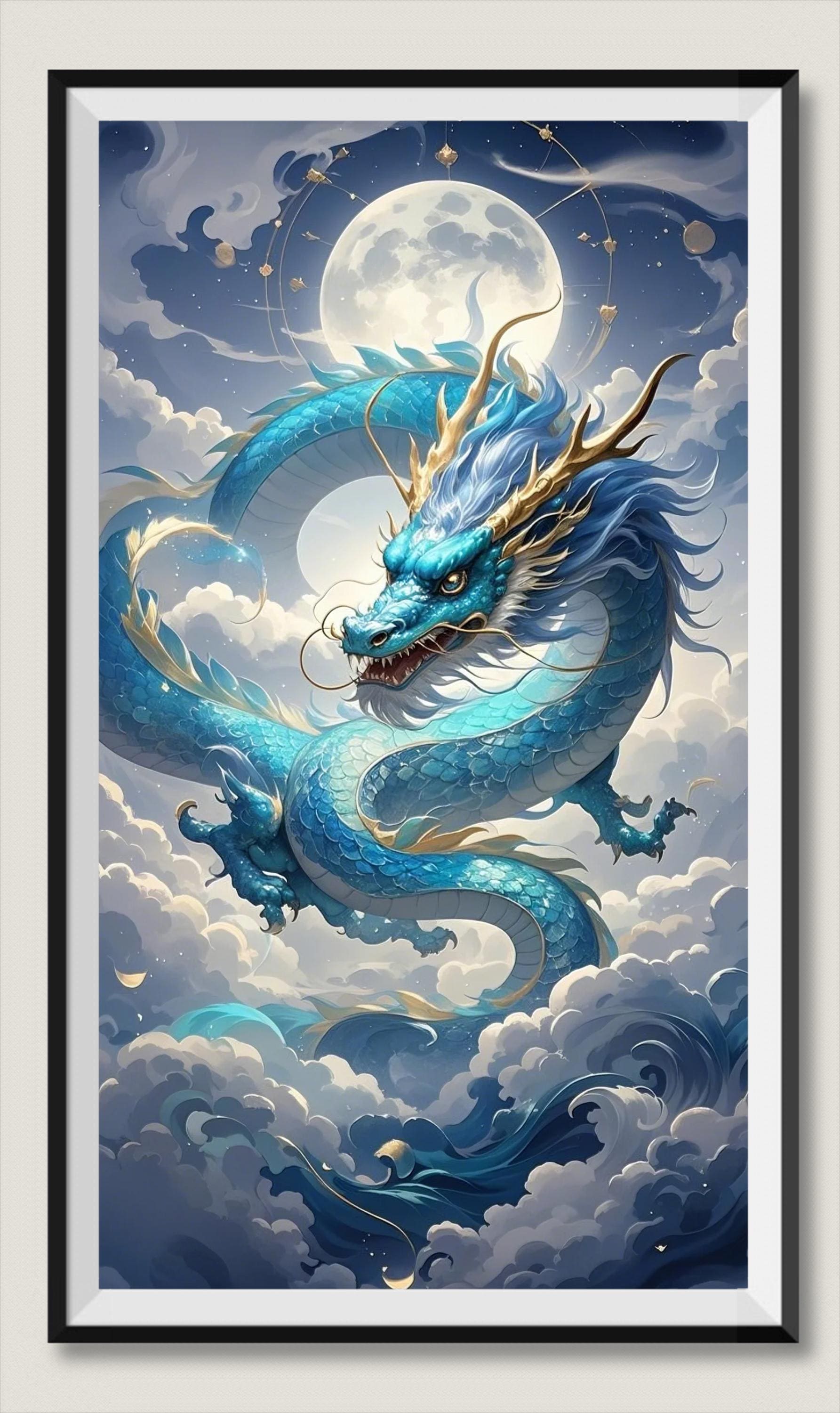 Azure Dragon Feng Shui Wall Art, Chinese Mythical Dragon for