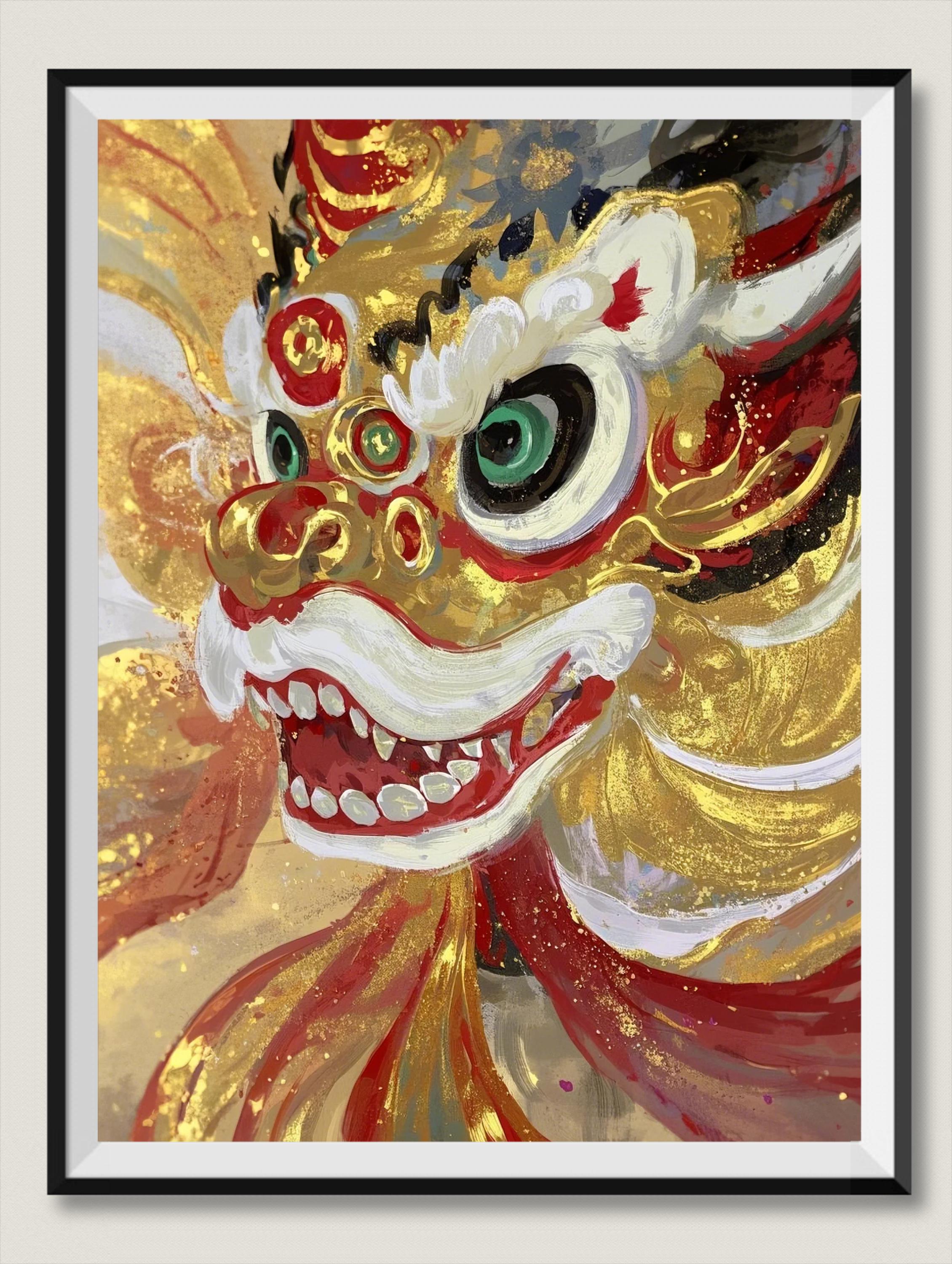 GW値下げ！ ラストワン！ Red Dot Sun Lion 音良 4Jack！ Lion Dance Head Art Print: Gilded Chinese Ink Illustration