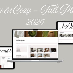 May include: A laptop and two tablets displaying a planner interface. The laptop screen shows a page with the text "get that degree." The tablets display the words "beauty and b" and "& Discipli." The background is a light gray.