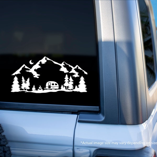 Camper Mountain Camping Permanent Vinyl Decal Sticker, Truck Decal, Car Decal, Bumper Sticker, RV Decal, Outdoor, Camping decal, wilderness