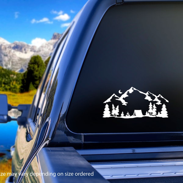 Tent Mountain Camping Permanent Vinyl Decal Sticker, Camping Decal, RV Decal, Truck Decal, Bumper Sticker, Outdoor Decal, Mountains