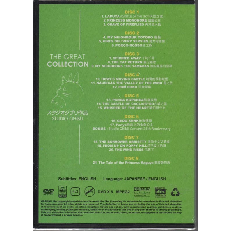 May include: A green DVD case featuring a Studio Ghibli collection. The back of the case lists titles like "My Neighbor Totoro" and "Spirited Away" in English and Japanese. The case includes the Studio Ghibli logo and DVD specifications.