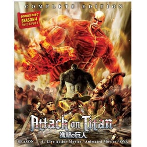 May include: A DVD cover for Attack on Titan Complete Edition featuring a large, muscular, orange-toned titan looming over smaller figures in combat gear. The text reads COMPLETE EDITION, BONUS DISC SEASON 4 Part 3 & Part 4, and Attack on Titan.