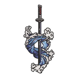 Puede incluir: Un parche bordado que muestra una espada katana vertical con mango negro, empuñadura roja con patrón cruzado y hoja oscura. La espada está entrelazada con un diseño de ola azul estilizada que presenta detalles de espuma blanca y contornos negros.