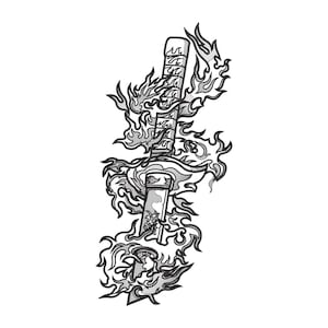 Op de afbeelding: Zwart-wit illustratie van een katana zwaard omringd door vlammen. Het zwaard heeft een gedetailleerde handgreep en de vlammen zijn gestileerd weergegeven. De illustratie staat tegen een witte achtergrond.