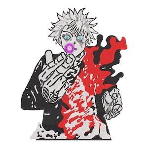 Op de afbeelding: Geborduurd ontwerp met een anime-achtig personage met wit haar, blauwe ogen en een paarse bloem. Het personage wijst met een zwart-witte hand, met een rode en zwarte abstracte vorm.