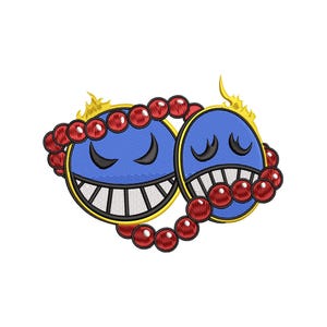Puede incluir: Parche bordado con dos caras azules sonrientes con ojos negros y dientes blancos, contorneadas en amarillo. Una hebra de cuentas rojas rodea las caras. El diseño incluye llamas amarillas.