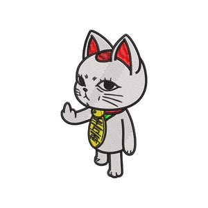 Può includere: Design ricamato di un gatto grigio con orecchie foderate di rosso, un collare rosso e un ciondolo dorato. Il gatto sta facendo il dito medio. Il ciondolo ha un testo dorato. Il gatto ha baffi e occhi neri.