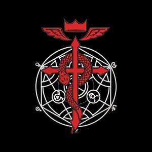 May include: A red and white graphic design on a black background. The design features a red cross with a snake wrapped around it, a crown, and wings. A white circle with symbols surrounds the cross.